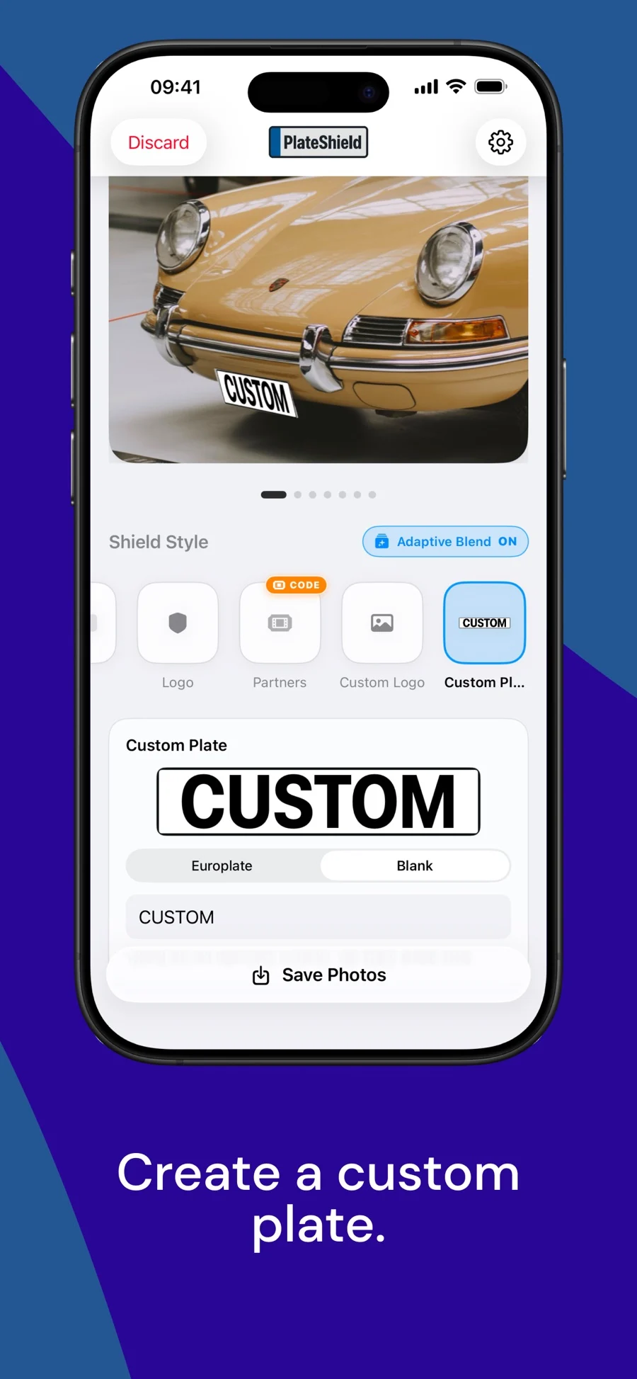 The Custom Plate editor with custom text, Europlate and blank templates, and Save Photos