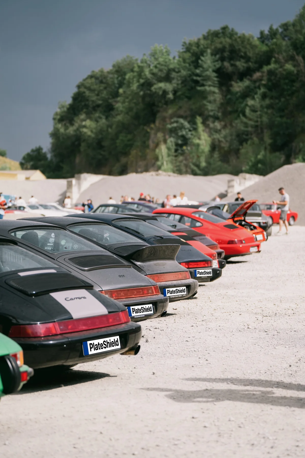 A row of classic Porsches with their license plates covered by the PlateShield logo